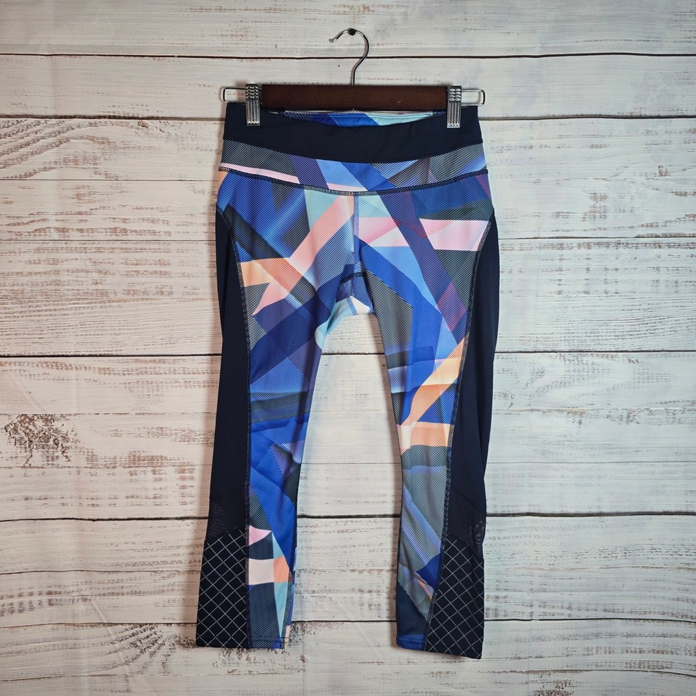 Athleta XS Blue Geometric Print Crop Leggings‎ Mesh Panel Athletic Yoga Pants